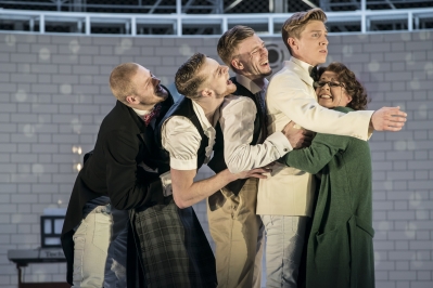 Balthasar (Asher Rosenheim), Mercutio (Ben Brown), Benvolio (Joao Carolino), Romeo (Andrew Monaghan) and Rev Bernadette Laurence (Madelaine Brennan) - Montague Company