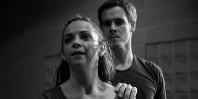 Sam Archer as The Pilot and Kerry Biggin as Cinderella in rehearsals